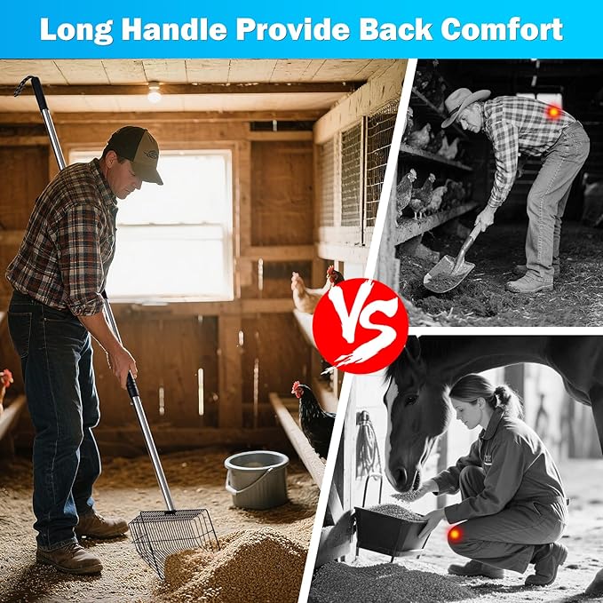 10 inch Large Chicken Poop Scooper,4 in1 Chicken Coop Poop Shovel,Adjustable 32" to 67" Stainless Steel Chicken Coop Scoop,Litter Sifting Shovel Poop Scooper for Chicken Coop Pet Waste