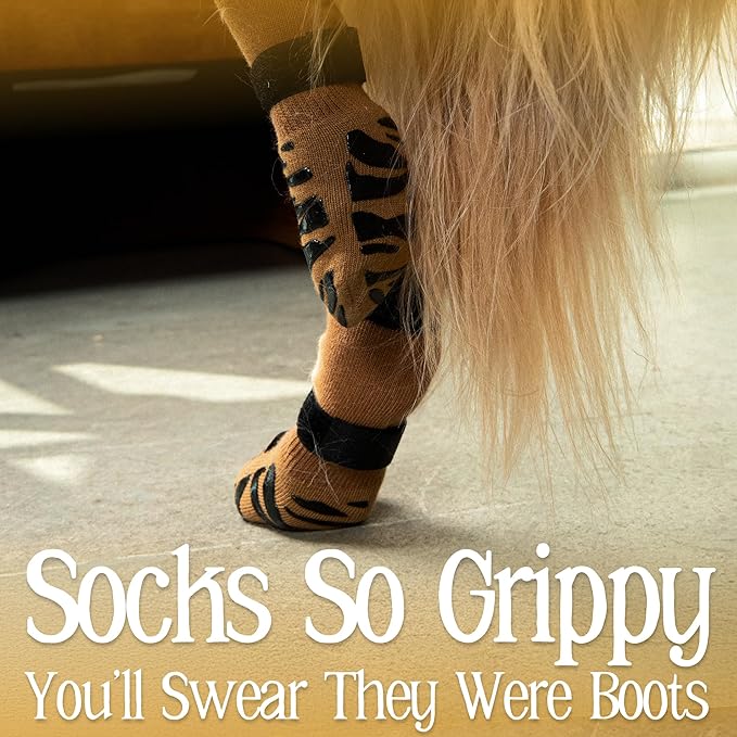DOK TigerToes Premium Non-Slip Dog Socks for Hardwood Floors - Extra-Thick Grip That Works Even When Twisted - Prevents Licking, Slipping, and Great for Dog Paw Protection (XXS, Cool Caramel)