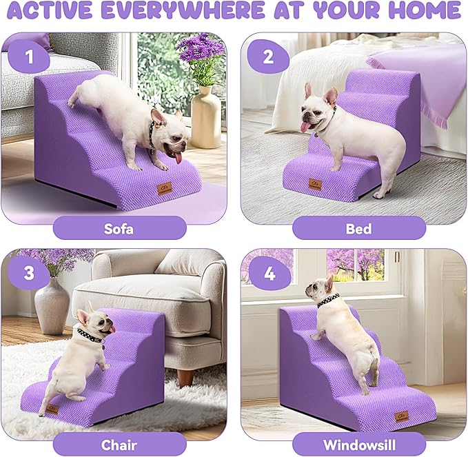 Dog Ramp and Stair for Bed 16" H-20 H,3-Step Cat Stair for Sofa and Chair,4-Step Dog Ramp for High Bed and Window,Durable Nonslip Fabric Cover for Indoor (Purple-20 H, Pet Friendly, 4)