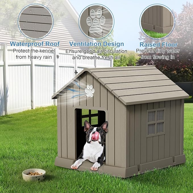 Dog House Indoor Outdoor for Small to Large Sized Dogs Resin Outdoor Dog House with Ventilation Puppy Shelter with Elevated Floor, Easy to Assemble, Blue