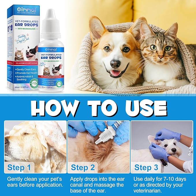 Dog & Cat Ear Infection Treatment Drops, Pets Ear Cleaning Drops with 1% Hydrocortisone for Dog & Cats Yeast Infection, Itchy Ear Relief, Treats Ear Infections for Dogs & Cats - 2 fl oz