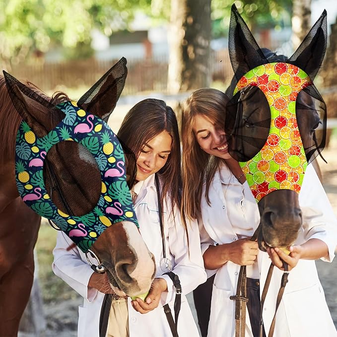 Frienda 4 Pieces Horse Fly Masks with Ears Face Covering UV Protection from Insect Pests Elasticity Smooth Comfortable Mesh Horse Mask Accessories(Fruit,Large)