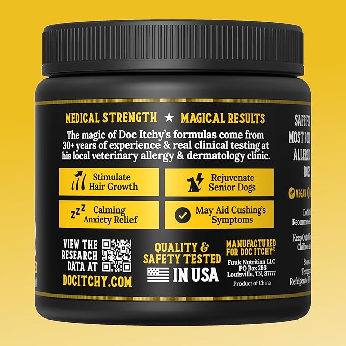 Doc Itchy Rejuvenating Hair-Grower Dog Pet Chews | 10mg Melatonin for Dogs | Hair Growth Booster | Senior Dog Energizer | Calming | Medical-Strength | Food Allergy Safe | Vegan | 90 Count