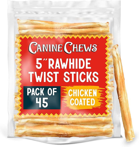 Canine Chews 5" Chicken Coated Sticks - Pack of 45 USA-Sourced Rawhide Dog Treats - Protein-Dense Wrapped Chews With 100% Real Chicken Coating