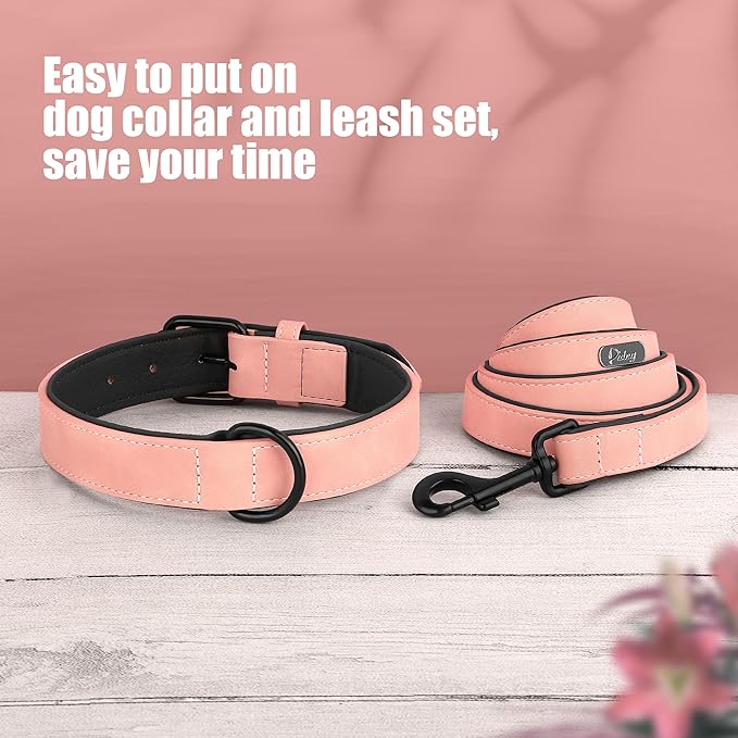 Didog Soft Padded Leather Dog Collar and Leash Set, Adjustable Pink and Breathable Pet Collars with 4FT PU Leather Dog Leash for Small Medium Large Dogs, Pink, L