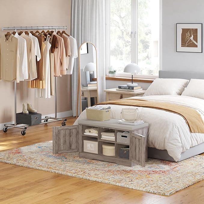 DINZI LVJ Shoe Bench, Entryway Storage Bench with Doors, Cushion, 2-Tier Shoe Rack with 6-Cubby, 31.5”L x 13.8”W Shoe Organizer Cabinet, Adjustable Shelf, Living Room, Bedroom, Greige