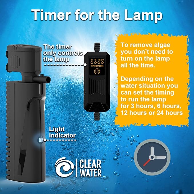 Fish Tank Filter with U - V Light & Timer (3/6/12/24 Hours) for Green Water Cleaning, Aquarium Filter with Aeration Turtle Tank Filter with Pre-Filter Sponge for Tanks 70-100 Gallon