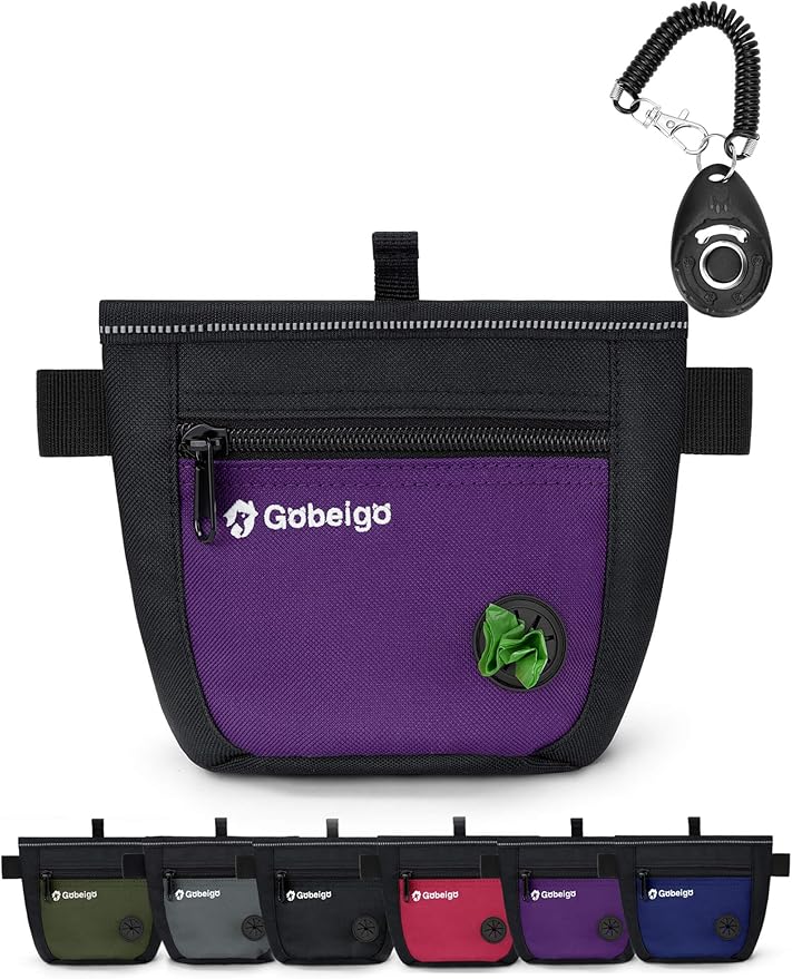 Gobeigo Dog Treat Pouch and Training Clicker, Upgrade Two Magnetic Closure to Prevent Spills, 2 Cup Treat Bag with Poop Bag Dispenser, Metal Clip Waist Belt Fanny Pack for Pet Walk (Black/Purple)