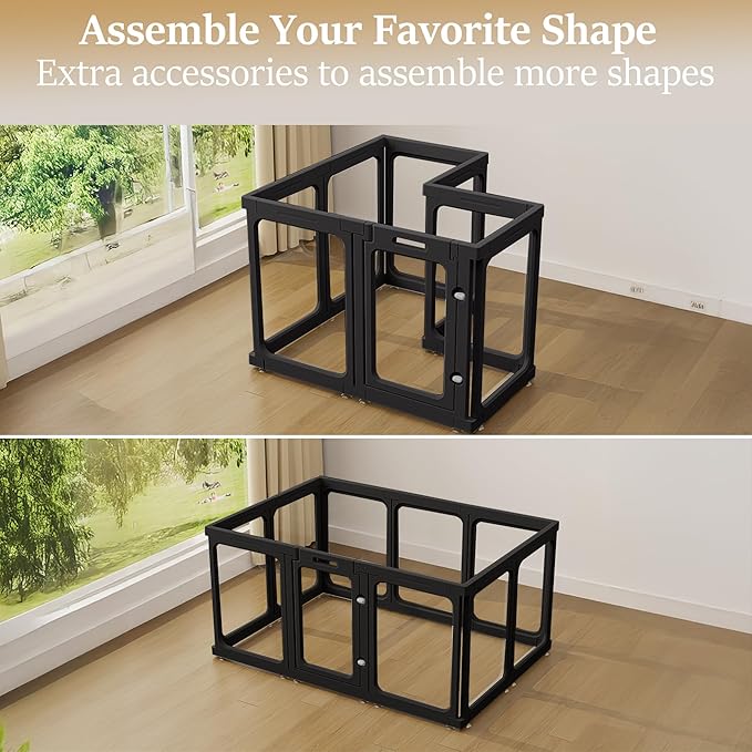 Clear Acrylic Dog Playpen with Door, for Puppy Cat Rabbit Transparent Pet Pen, Black Dog Playpen Indoor, Dog Fence, Easy Assemble & Cleaning Dog Pen for Small & Medium Dogs (23.6“ Height, 10PCS)