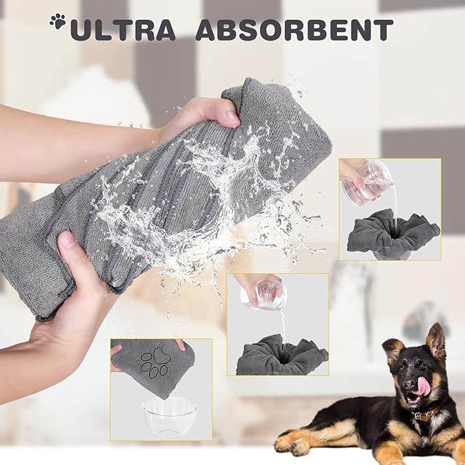 Chumia 4 Pack Dog Towels for Drying Large Microfiber Grooming Tools Absorbent Soft Bath Supplies with Embroidered Paw for Small Medium Pet Products(30 x 50 Inch,Gray)