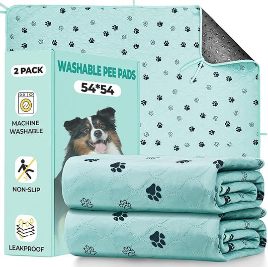Fostanfly Washable Pee Pads for Dogs, 2 Pack Large 54"x54" Ultra-Absorbent and Leak-Proof Non-Slip Reusable Potty Training Pads for Dogs, Cats, Puppy, Potty of Add 8 Lanyards, Green