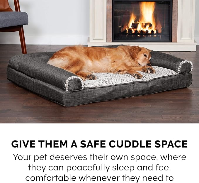 Furhaven Cooling Gel Dog Bed for Large Dogs w/ Removable Bolsters & Washable Cover, For Dogs Up to 125 lbs - Luxe Faux Fur & Performance Linen Sofa - Charcoal, Jumbo Plus/XXL