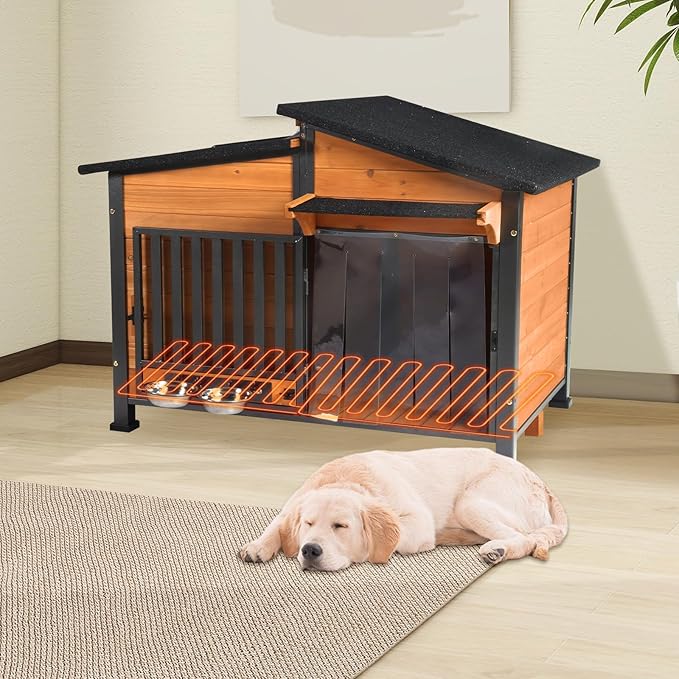 Chew-Resistant Dog House with Metal Frame, Wooden Kennel for Indoor & Outdoor Use, Waterproof Roof & Feeding Bowls Included (Wood, L-in)