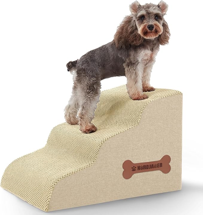 Dog Stairs 3-Step for Small Dogs and Cats to Get on Bed and Furniture/Windows, Pets Can Climb, Sit, or Perch to Look Out Windows, Extra Wide Dog Steps, Non-Slip Waterproof Fabric Cover, Beige（15.7" H）