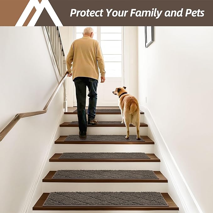 COSY HOMEER Edging Stair Treads Non-Slip Carpet Mat 28inX9in Indoor Stair Runners for Wooden Steps, Edging Stair Rugs for Kids and Dogs, 100% Polyester TPE Backing (4pc, Brown)