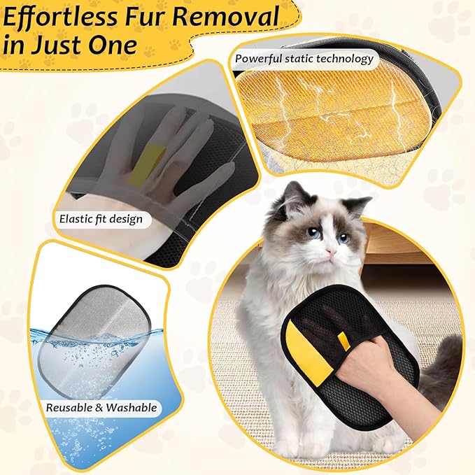 3 Pcs Pet Hair Removal Glove Set, Reusable Electrostatic Pet Hair Remover with Hair Remover Brush and Pet Comb, Upgrade Efficient Cats&Dogs Grooming Gloves for Clothes Furniture Carpet Seat