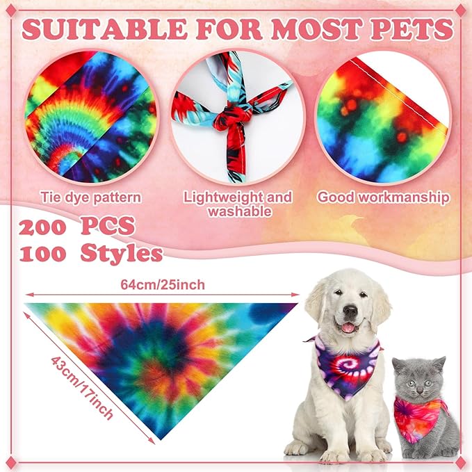 150 Pcs Tie Dye Dog Bandanas Bulk Pet Bibs Colorful Triangle Scarf Tie Dye Pet Bandanas for Medium Large Dogs Spring Summer Birthday Costume Decor