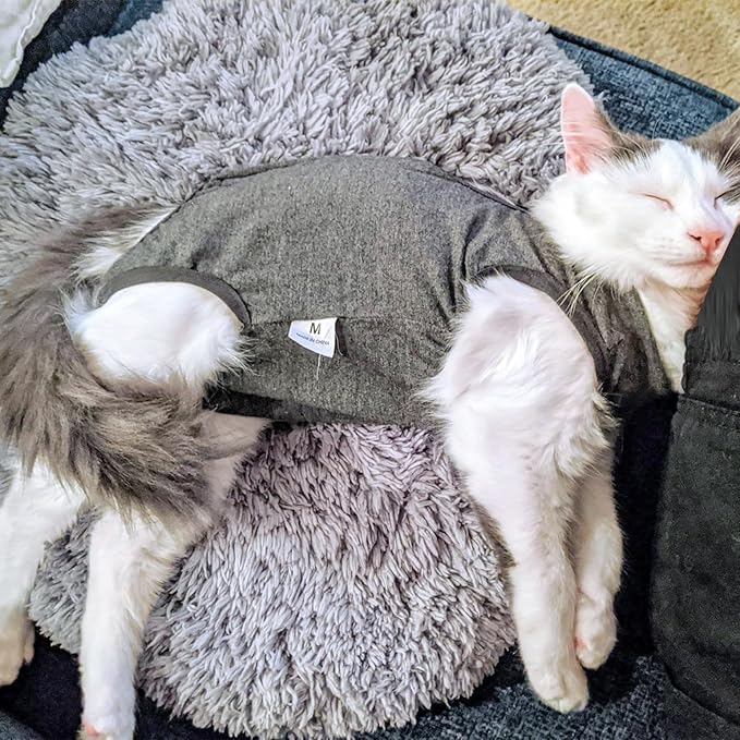 DOTON Cat Recovery Suit for Male and Female Surgical Post Surgery Soft Cone Onesie Shirt Clothes Neuter Licking Protective Diapers Outfit Cover Kitten Spay Collar(S, Grey)