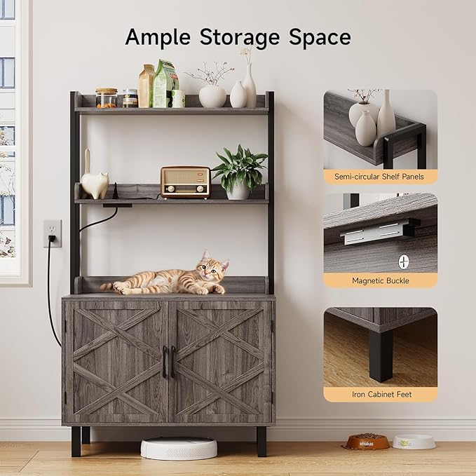 55 Inches Cat Litter Box Enclosure, Hidden Litter Box Furniture with 2 Storage Shelves and Charging Sockets, Wooden Cat House, Large Indoor Cabinet for Living Room & Entryway, Grey