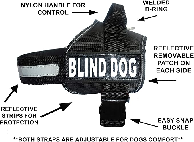 Doggie Stylz Blind Dog Vest Harness with Removable Patches and Reflective Trim. Comes with 2 Blind Dog Reflective Hook and Loop Patches. Measure Dogs Girth Before Purchase (Girth 30”- 42" Black)