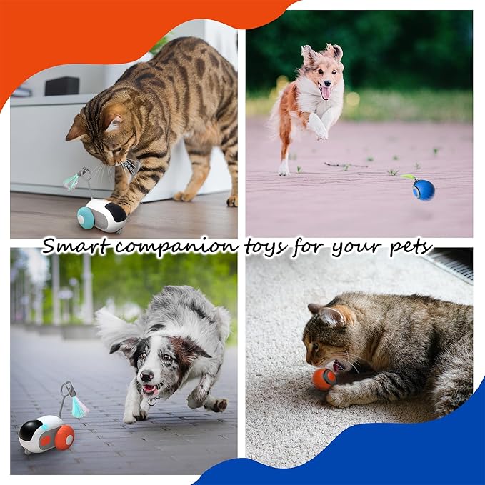 1pc Interactive Automatic Remote Control Cat Mice Car Toy and 1pc Smart Electric Moving Speedy Cat Ball Toy with Feather Tail, Suitable for Dogs, Keep Busy, Stimulating, Rechargeable (orange)