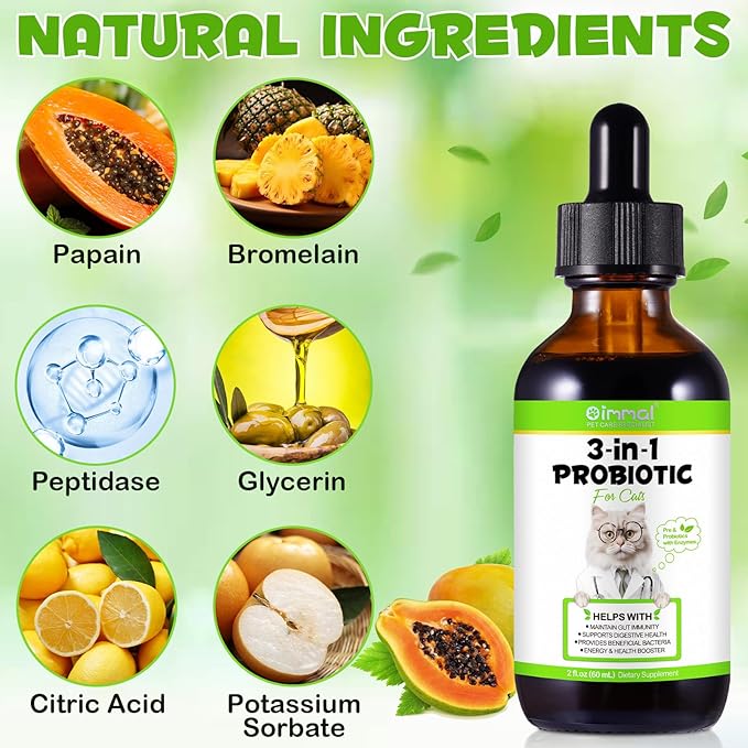 3 in 1 Probiotics for Cats, Cat Digestive Support,Daily Digestive Health Supplement with Multiple Strains of Bacteria Help with Diarrhea,Gas and Bloating, Cat Herbal Supplements- 60ml