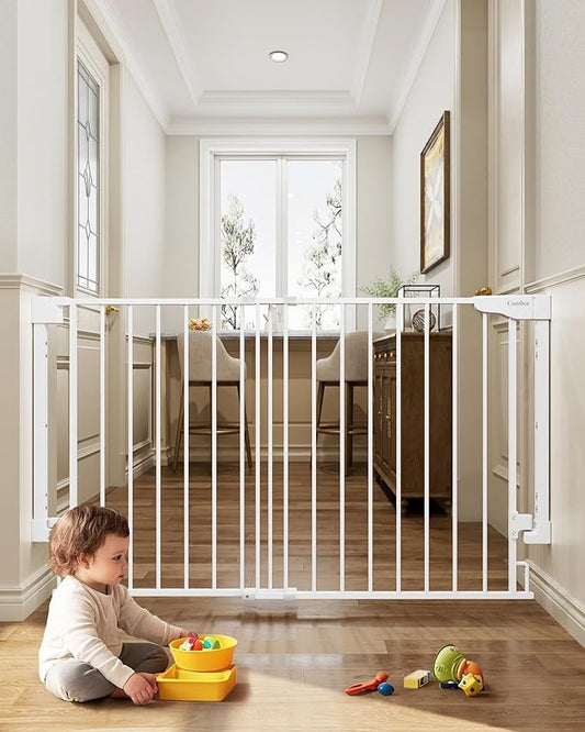 Cumbor 31.6-48" No Bottom Bar Baby Gate for Stairs, 2-in-1 Auto Close Dog Gate Indoor, Hardware Mounted Pet Gate for Doorways with Large Walk Thru Door, Child-Proof Safety Gate for Kids (White)