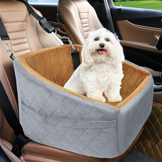 Dog Car Seat for Small Medium Dogs,Detachable Washable Dog Booster Seat Under 30lbs, Pet Car Seat Travel Bed with Storage Pockets and Dog Safety Belt(Grey/Brown)