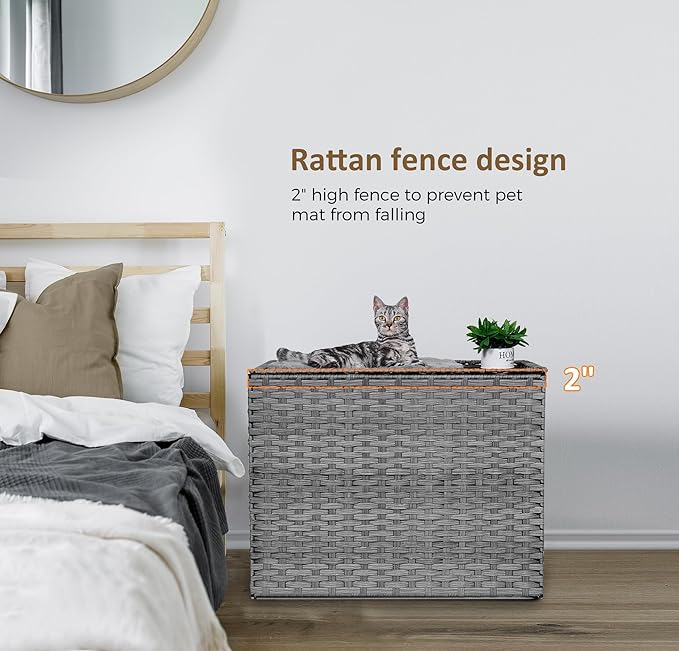 Cat Litter Box Enclosure with Litter Trapping Mat; Handwoven Plastic Rattan Cat House; No Installation Hidden Cat Washroom; Pet Crate for Balcony,Bedroom,Living Room