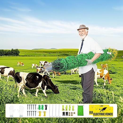 Electric Fence Netting,164'Lx49.6"H, Electric Livestock Netting with 14 Double Barbed Poles, Suitable for Pigs, Cows, Sheep and Other Large Animals, Portable Electric Fence for Farms, Ranches