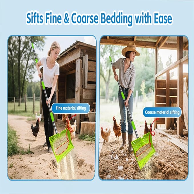 12-Inch 2-in-1 Chicken Poop Scooper & Rake – US Patent Pending – 3-Shape Sifting Holes Chicken Coop Rake，Stainless Steel Handle （20–61"）– Litter Scoop Sand & Sifting Shovel for Chicken Coops(Green)