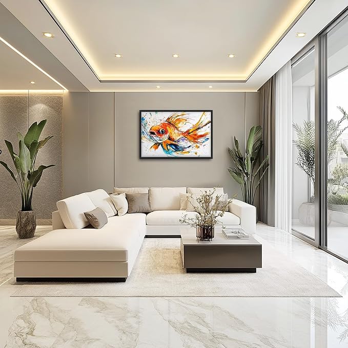 Framed Large Fish Wall Art for Living Room, Oversized Graffiti Goldfish Wall Decor Watercolor Fishing Canvas Painting Modern Artwork Home Decoration for Living Room Bedroom Office 36"x24"