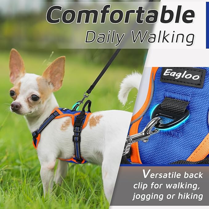 Eagloo Small Dog Harness No Pull, Service Vest with Reflective Strips and Control Handle, Adjustable and Comfortable for Walking, No Choke Pet Harness with 2 Metal Rings, Blue & Orange, XS