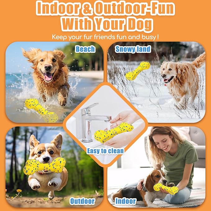 7.28" Indestructible Large Bone Balls for Aggressive Chewers Durable Stick Bouncy Interactive Chew Toy for Dogs Fetch Game Lightweight Floating Outdoor Training, Yellow