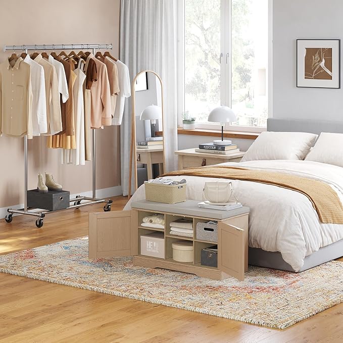 DINZI LVJ Shoe Bench, Entryway Storage Bench with Doors, Cushion, 2-Tier Shoe Rack with 6-Cubby, 31.5”L x 13.8”W Shoe Organizer Cabinet, Adjustable Shelf, Living Room, Bedroom, Natural