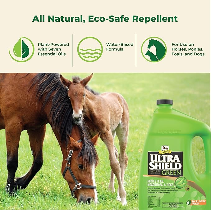 Absorbine UltraShield Green All-Natural Fly & Insect Repellent for Horses & Dogs, Essential Oils Repel & Control, 128oz Bottle, No Sprayer