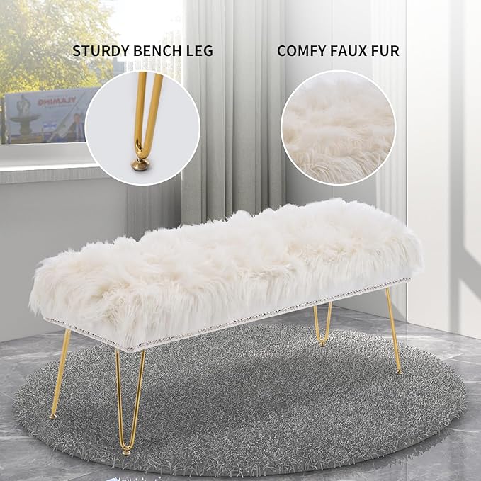 46 Inch White Bedroom Bench, Benches for Bedroom White Faux Fur Upholstered Bed end Bench, Tufting Ottoman Bench Indoor Bench with Metal Legs for Living Room Bedroom Entryway, White