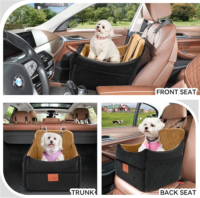 Dog Car Seat for Small/Medium Dogs, Dog Booster Car Seats with Thick Cushion for Dogs Under 35lbs, Detachable Washable Pet Car Seat with Storage Pockets, 2 Safety Belts(Black/Coffee)