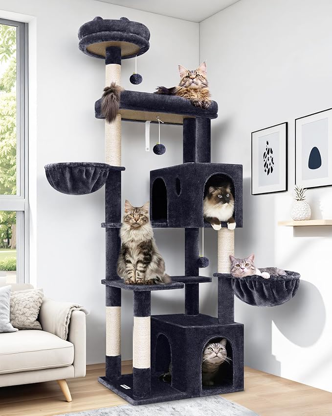 Globlazer Heavy Duty Cat Tree Tower, 73in Tall Cat Tree for Indoor Cats Large Adult, Cat Condo for Large Cats with 5 Scratching Posts, 2 Cat Caves, 2 Padded Perches, 2 Hanging Baskets, F73, Dark Gray