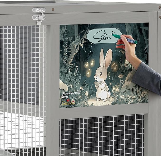 COZIWOW Fashionable Wood 36In Rabbit Hutch Indoor on Wheels Bunny Cage Outdoor Rabbit Cage with Clean Tray, Openable Roof, Anti-Slip Ramp for Small Bunny Rabbit (Grey with Pattern)