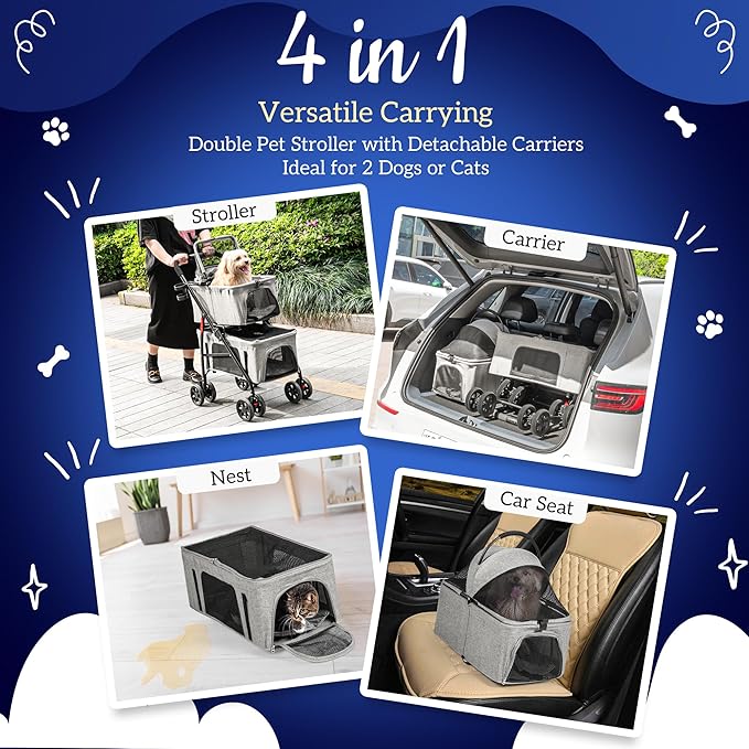 Detachable Pet Double Stroller with 4 Rolling Casters for 2 Pets – Lightweight Multifunctional Travel Stroller with Mesh Windows, Cup Holder, Sun Shades & Storage Pocket for Puppy and Kitty