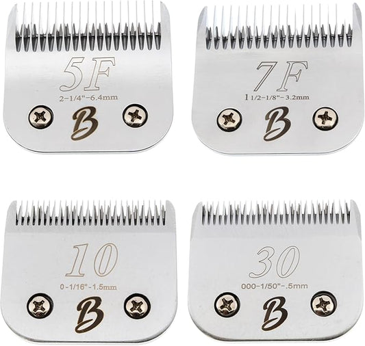 Detachable A Series 4 Pack ((10 or 1.5mm) ;(30 or 0.5mm); (5F or 6.4mm); (7F or 3.2mm)) Clipper Blade Dog Grooming Japanese Carbonized Steel Dog Grooming Blades for Dogs Horses Cats (4Pack)