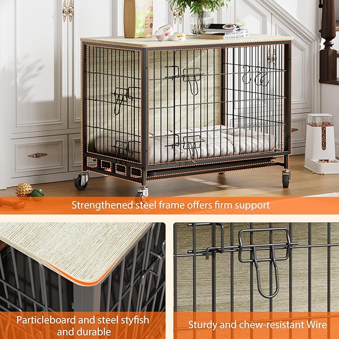 Dog Crate Furniture, 38.6" Wooden Dog Crate with Double Doors, Dog Furniture, Large Dog Kennel Indoor End Table for Large Dogs, Grey