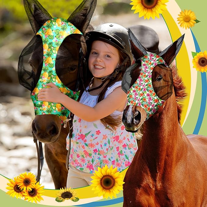 Chunful 6 Pcs Horse Fly Masks with Ears Smooth and Comfortable Cashel Mesh Fly Mask Elasticity Breathability UV Protection Horse Face Covering for Riding Supplies(Flamingo,Medium)