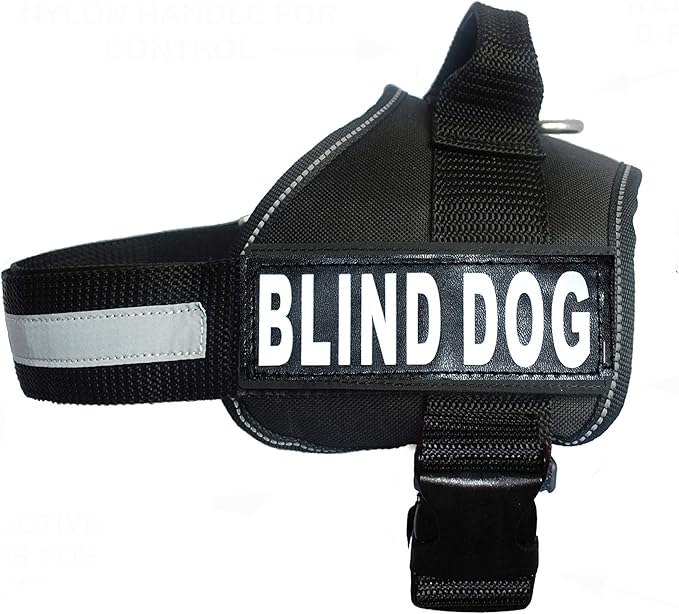 Doggie Stylz Blind Dog Vest Harness with Removable Patches and Reflective Trim. Comes with 2 Blind Dog Reflective Hook and Loop Patches. Measure Dogs Girth Before Purchase (Girth 30”- 42" Black)
