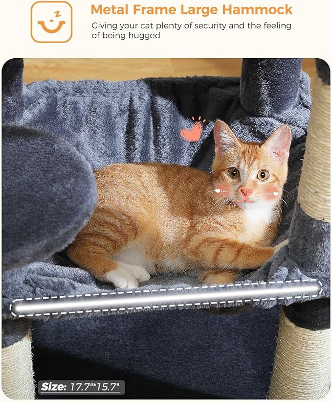 Cat Tree for Indoor Cats, 45.7" Multi-Level Cat Tower with Large Metal Frame Hammock, Cat Condo with 4 Scratching Posts and Top Perch for Small Medium Cat, Dark Grey