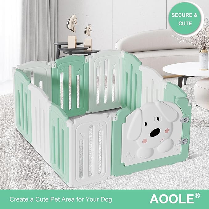 Foldable Dog Play Pen Indoors, Non-Slip Sturdy Puppy Playpen with Door, 25.5" H 10-Panel Adjustable Shape Dog Fence Pen for Small/Medium Dogs, Thickened, Easy to Store, White+Green