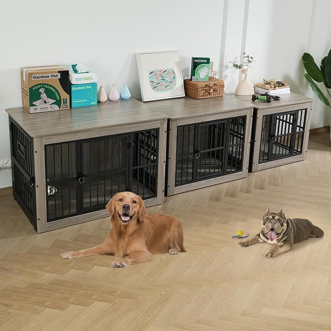 Gardner Pet Dog Crate Furniture for Medium Dogs, 38.8 Inch Dog Kennel Indoor, Wooden Dog Cage End Table with 2 Removable Bowls, Heavy Duty Dog Crate, Rustic Grey