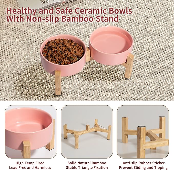 Elevated Ceramic Dog Bowl Set - Raised Feeding Bowls with Non-Slip Bamboo Stand - Small Pet Dishes for Food and Water - Ideal for Cats and Puppies - 16.23 OZ - 2 Cups - 480 ML