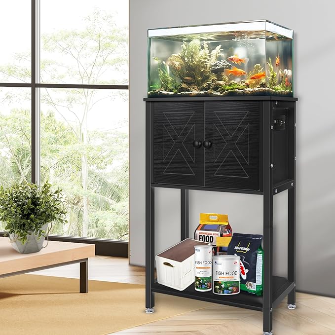 5-10 Gallon Fish Tank Stand, Heavy Duty Aquarium Stand with Cabinet & Power Outlets for Fish Tank Accessories Storage, Double Tank Stand 20.5" L* 11" W Tabletop, 220LBS Capacity Black